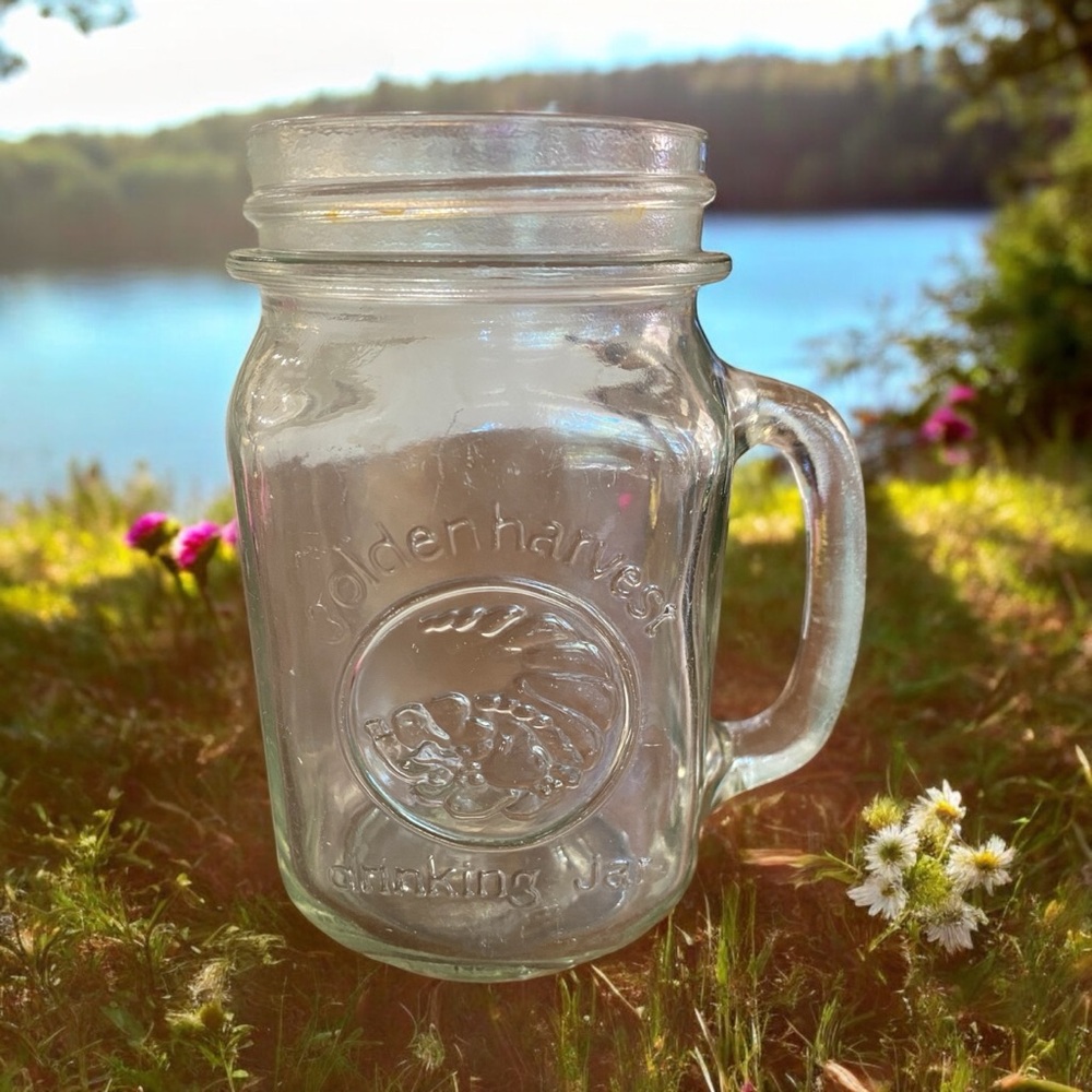Vintage Golden Harvest Glass Drinking Jar Mug with Handle 5”